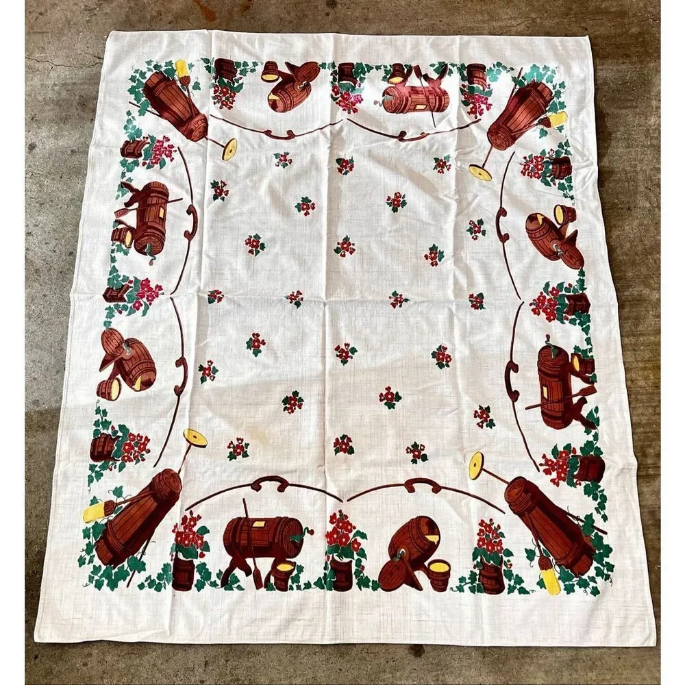 Vintage Simtex Mid Century Butter Churns & Red Flowers Tablecloth